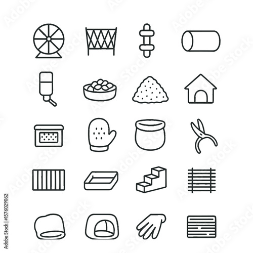 Small Animal Care line art icons. exercise wheel, hay rack, chew toy, tunnel tube, water bottle, pellet food, bedding pile, small crate, hide house, grooming mitt, cuddle pouch,