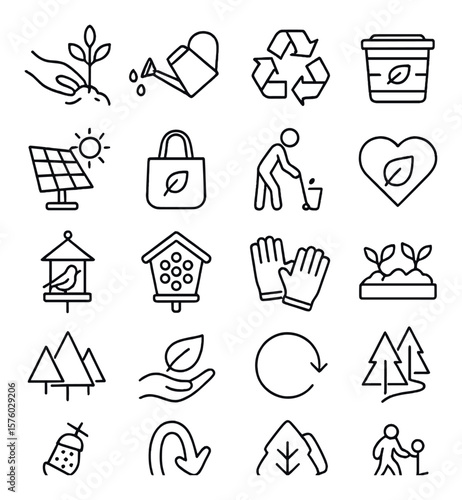 Giving to Nature line art icons. planting tree, watering can, recycling icon, compost bin, solar panel, reusable bag, cleanup crew, eco heart, bird feeder, bee house, garden gloves