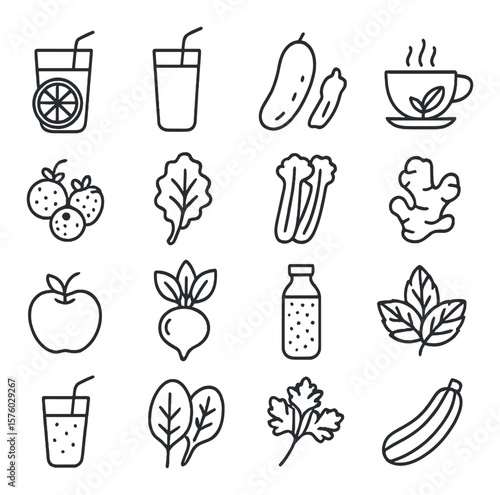 Detox diet line art icons. lemon water, green smoothie, cucumber, herbal tea, berries, kale, celery, ginger root, apple, beetroot, chia water, mint leaves, detox juice, spinach,