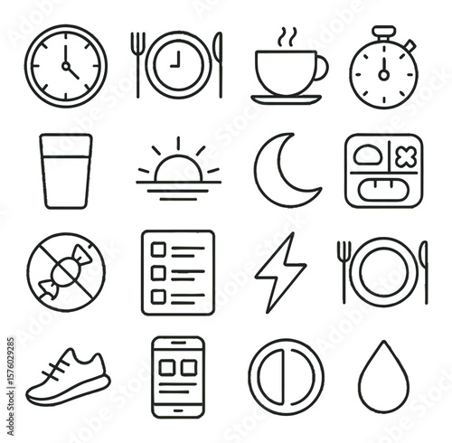 Intermittent fasting line art icons. clock icon, meal plate, tea cup, fasting timer, water glass, sunrise icon, moon icon, lunch box, no-snack sign, meal plan, energy boost symbol,