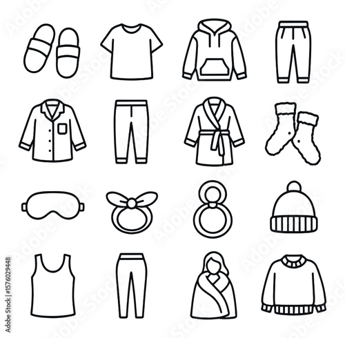 Lazy Day Clothing line art icons. slippers, oversized t-shirt, hoodie, sweatpants, pajama top, pajama bottoms, bathrobe, fuzzy socks, eye mask, headband, hair tie, beanie, tank top