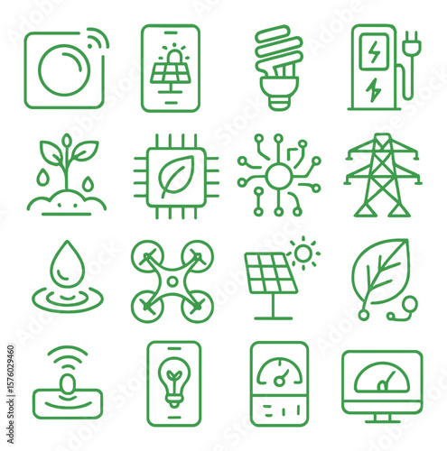 Green Technology line art icons. smart thermostat, solar panel app, energy-efficient bulb, EV charger, smart irrigation, eco AI chip, green circuit board, smart grid, water sensor,