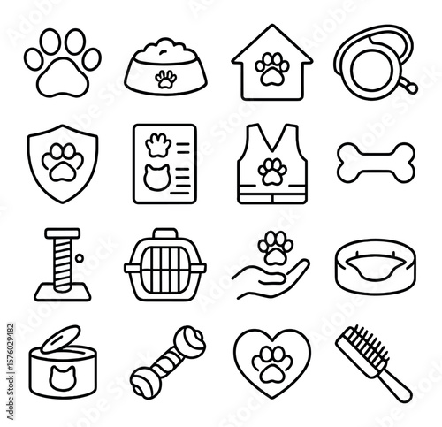 Pet Charity line art icons. paw print, pet food bowl, animal shelter, dog leash, rescue icon, adoption form, volunteer vest, toy bone, scratching post, pet crate, veterinary hand,