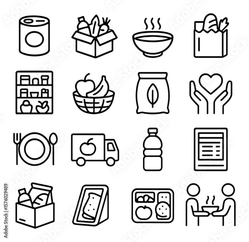 Food Donations line art icons. canned food, grocery box, soup bowl, paper bag, food shelf, fruit basket, rice sack, donation sticker, meal icon, food truck, water bottle, nutrition