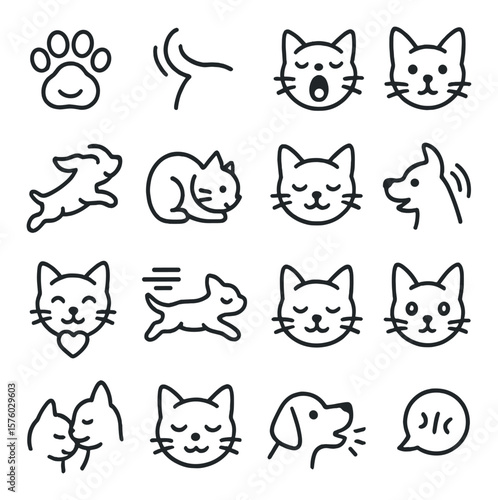 Pet Emotions & Expressions line art icons. happy paw, excited tail, sleepy yawn, curious face, playful jump, scared crouch, purring icon, wagging tail, cuddly heart, zoomies icon,