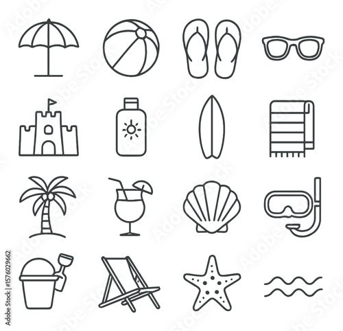 Beach Holiday line art icons. sun umbrella, beach ball, flip flops, sunglasses, sandcastle, sunscreen bottle, surfboard, beach towel, palm tree, tropical drink, seashell, snorkel