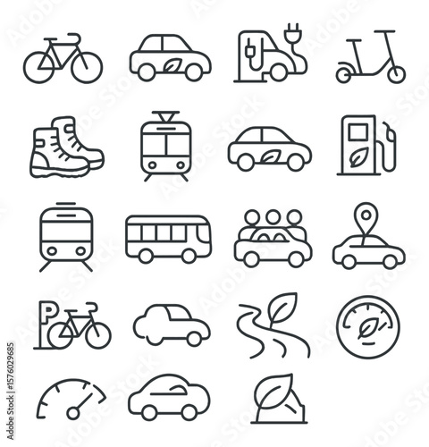 Eco-Friendly Transport line art icons. bike icon, electric car, car charging, scooter, walking boots, tram, hybrid vehicle, green fuel, metro train, public bus, carpool icon, ride