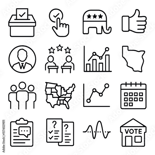 Political polling line art icons. ballot box, vote icon, party symbol, approval rating, candidate icon, debate rating, poll results, swing state icon, voter turnout, political map,