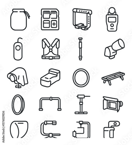 Camera Accessories line art icons. lens pouch, SD card case, camera cage, light meter, remote trigger, camera harness, monopod, viewfinder loupe, rain cover, battery grip, ND
