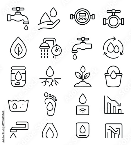 Water Conservation line art icons. leaky faucet, save water drop, water meter, closed valve, eco water icon, timer shower, low-flow tap, reuse water sign, rain barrel, drought