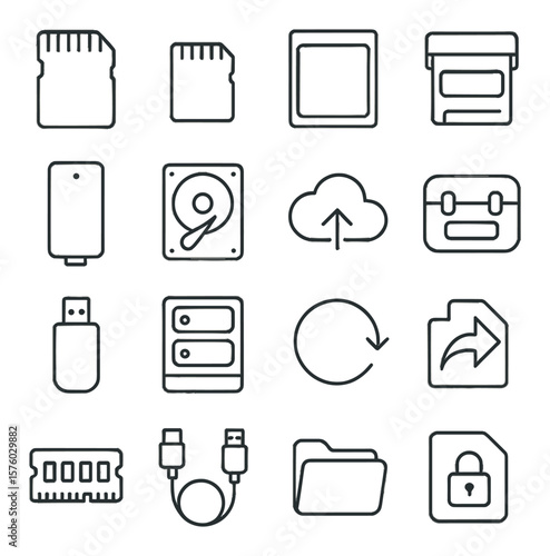 Digital Storage for Photography line art icons. SD card, microSD card, CFexpress card, card reader, external SSD, hard drive, cloud storage icon, storage case, USB stick, RAID box,