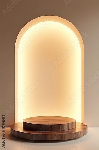 Warm wooden podium bathed in soft light minimalist design perfect for product display elegant and serene atmosphere