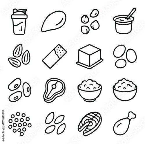 High-protein diet line art icons. protein shake, turkey breast, chickpeas, Greek yogurt, almonds, protein bar, tofu block, lentils, black beans, beef steak, eggs, cottage cheese,