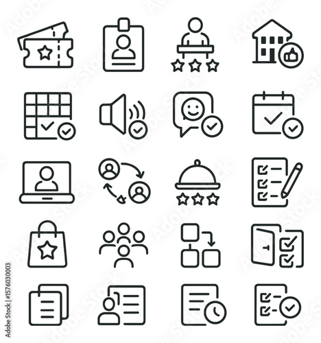 Event surveys line art icons. ticket icon, event badge, speaker rating, venue feedback, seating chart, audio quality, session feedback, schedule input, virtual event icon,