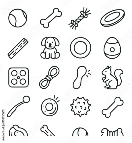 Dog Toys line art icons. tennis ball, squeaky bone, rope toy, frisbee, chew stick, plush dog toy, rubber ring, treat dispenser, puzzle toy, tug toy, squeaker toy, toy squirrel,