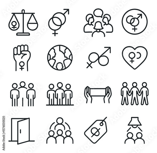 Gender Equality Awareness line art icons. balance scale, gender symbols, group conversation, equal pay icon, empowerment hand, diversity circle, gender spectrum, inclusion heart,