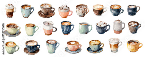 Watercolor coffee beverage set. Mugs and cups with hot drinks, espresso, cappuccino, latte, cocoa. Vector decorative elements for cafe