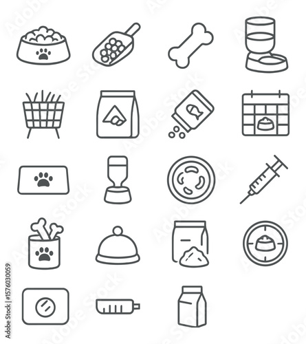 Pet Food & Feeding line art icons. food bowl, kibble scoop, treat bone, water dispenser, hay feeder, pellet bag, fish flakes, feeding chart, food mat, bottle feeder, slow feeder,