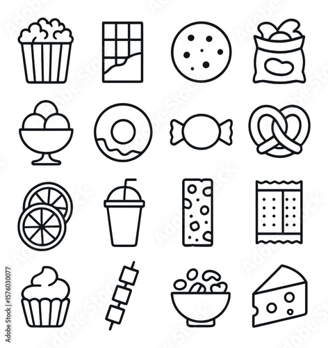 Lazy Day Snacks line art icons. popcorn bucket, chocolate bar, cookie, potato chips, ice cream bowl, donut, candy, pretzel, fruit slices, smoothie cup, granola bar, cracker pack,