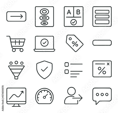 Conversion optimization line art icons. CTA button, heatmap icon, A/B testing icon, checkout form, cart icon, thank you page, upsell tag, form field, sales funnel, trust badge,