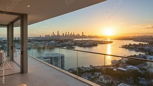 Panoramic city and water view from a high-rise balcony at sunrise