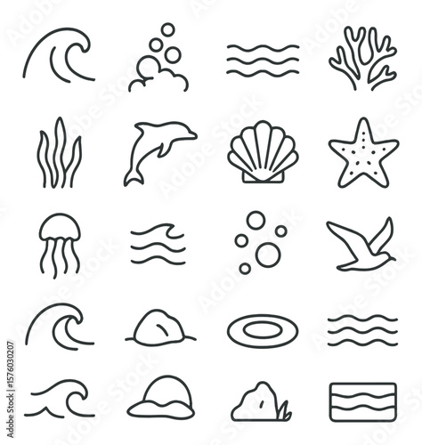 Ocean Elements line art icons. wave icon, sea foam, tide line, coral reef, seaweed, dolphin silhouette, shell, starfish, jellyfish, ocean current, underwater bubbles, seagull,