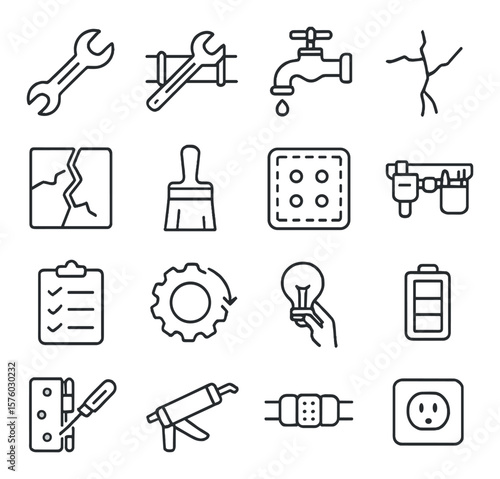 Repair & Maintenance line art icons. wrench icon, pipe fix, leaking faucet, cracked wall, broken tile, paintbrush, patch kit, toolbelt, repair checklist, replacement part,