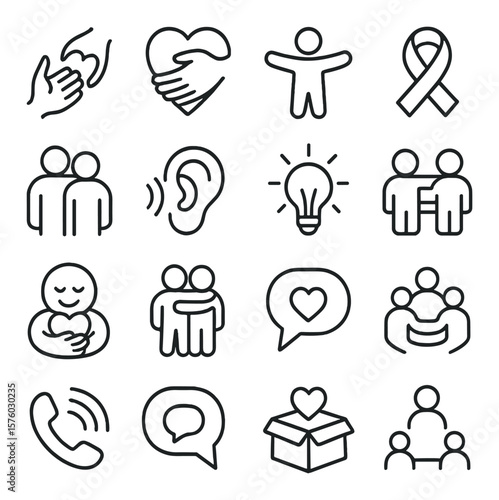 Support Symbols line art icons. helping hands, comfort heart, open arms, support ribbon, shoulder to lean, listening ear, warm light, shared bench, empathy icon, hug symbol, kind