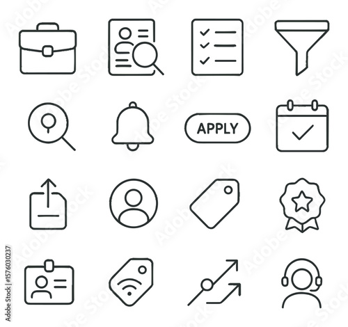 Job Search line art icons. briefcase icon, resume magnifier, job list icon, filter by title, salary search, job alert, apply button, interview calendar, CV upload icon, candidate
