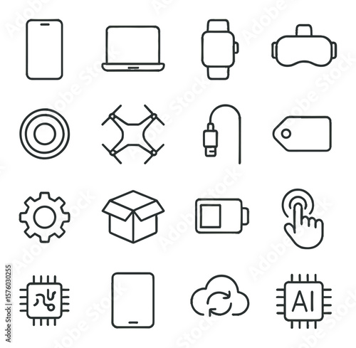 Tech & Gadget Influencer line art icons. smartphone, laptop, smartwatch, VR headset, camera lens, drone, USB cable, tech review tag, gear icon, unboxing box, battery icon,