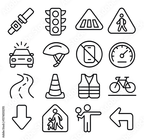 Road Safety Awareness line art icons. seatbelt icon, traffic light, zebra crossing, pedestrian sign, car with alert, bike helmet, no texting sign, speedometer, road curve, caution