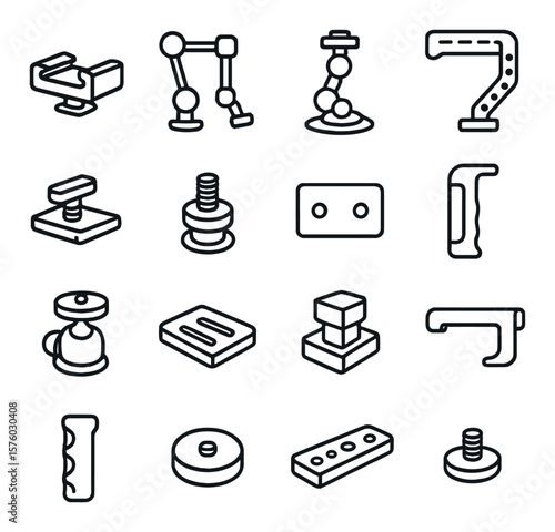 Camera Mounting Accessories line art icons. cold shoe mount, articulating arm, suction cup mount, magic arm, quick release clamp, tripod adapter, mounting plate, cage handle, ball