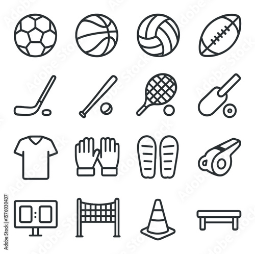 Team Sports Equipment line art icons. soccer ball, basketball, volleyball, rugby ball, hockey stick, baseball bat, tennis racket, cricket bat, team jersey, goalie gloves, shin