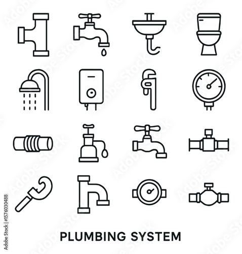 Plumbing System line art icons. pipe joint, faucet icon, sink drain, toilet icon, showerhead, water heater, pipe wrench, pressure gauge, pipe thread, sump pump, hose bib, shut-off