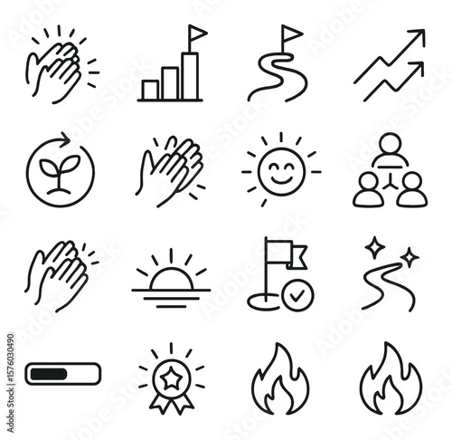 Motivational applause line art icons. you did it icon, achievement bar, path to success, rising arrow, growth icon, self-cheer hands, reward smile, support network, clapping emoji,