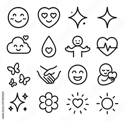 Emotions in love line art icons. blushing face, love eyes, shy heart, spark icon, dreamy cloud, tear of joy, open arms, heartbeat icon, butterflies, hand touch, joyful smile, warm