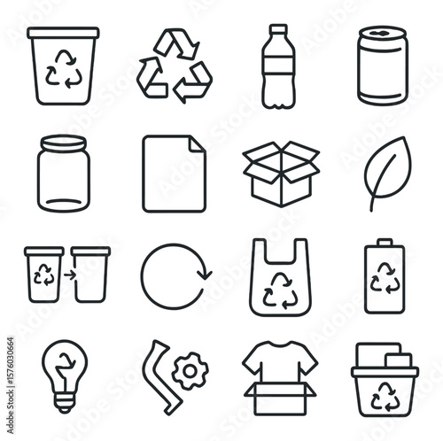 Recycling basics line art icons. recycle bin, recycling symbol, plastic bottle, aluminum can, glass jar, paper sheet, cardboard box, compost leaf, trash separation, reuse icon,