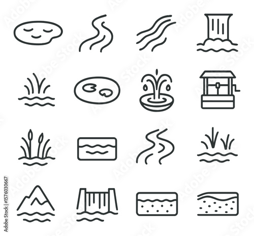 Freshwater Sources line art icons. lake, river, stream, waterfall, spring, pond, fountain, well, marsh, water basin, creek, wetland, brook, glacial melt, reservoir, aquifer.