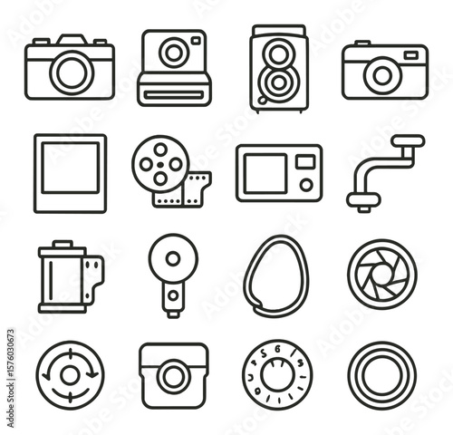 Retro Cameras line art icons. film camera, instant camera, twin-lens reflex, disposable camera, Polaroid frame, film reel, viewfinder window, manual crank, film canister, vintage