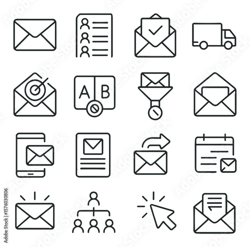 Email marketing line art icons. envelope, subscriber list, open rate icon, delivery truck, email campaign, A/B test icon, spam filter, inbox icon, mobile email, newsletter,