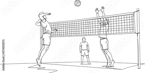 Dynamic Volleyball Game Line Art Illustration with Spike and Block
