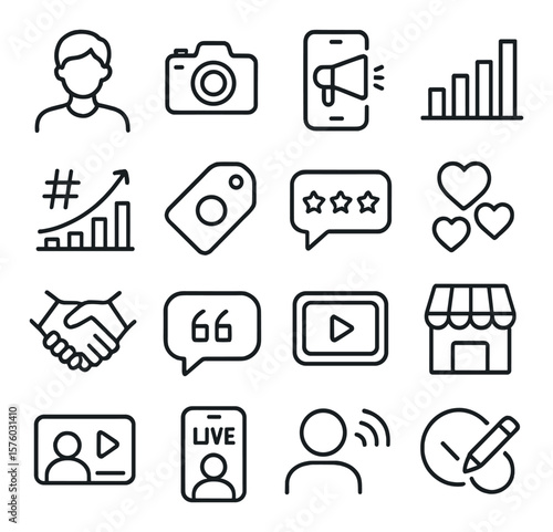 Influencer marketing line art icons. influencer avatar, camera icon, sponsored post, audience graph, hashtag trend, product tag, review bubble, social likes, collab icon,