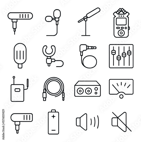 Audio for Photo Shoots line art icons. shotgun microphone, lapel mic, boom pole, audio recorder, windscreen, mic clip, headphone jack, sound mixer, wireless receiver, XLR cable,