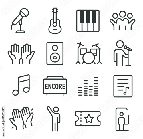 Music performance line art icons. stage mic, guitar icon, piano keys, crowd wave, hands raised, speaker icon, drum set, vocalist icon, music note, encore sign, sound meter, music