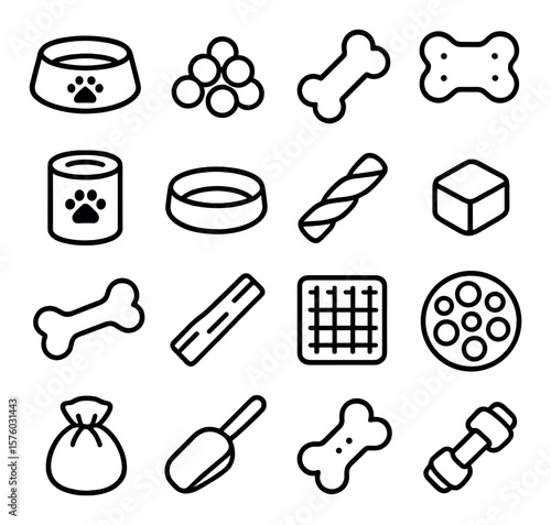 Dog Food & Treats line art icons. dog bowl, kibble, bone treat, dog biscuit, canned food, water bowl, chew stick, training treat, meaty bone, jerky strip, lick mat, slow feeder,