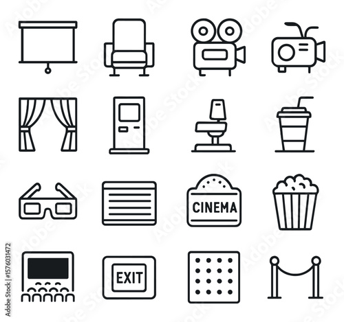 Cinema Room Elements line art icons. projector screen, cinema seat, surround speaker, movie projector, screen drapes, ticket machine, aisle light, cup holder, 3D glasses, showtime