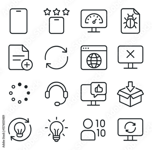 Technology surveys line art icons. gadget icon, app rating, device performance, bug report, feature request, software update, browser compatibility, system crash icon, loading