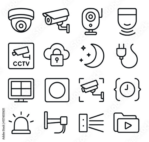 Security Cameras line art icons. dome camera, bullet camera, wireless cam, motion sensor, CCTV icon, cloud storage, night vision icon, power cable, security monitor, recording icon