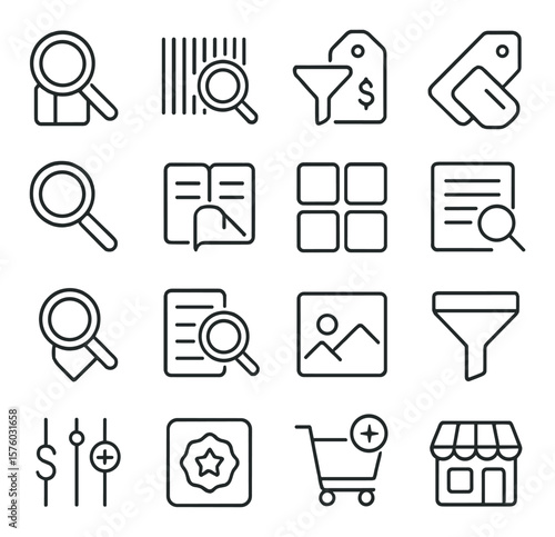 E-commerce Search line art icons. product magnifier, barcode search, price filter, product tag, quick view, catalog icon, grid view, item description, wishlist search, item results