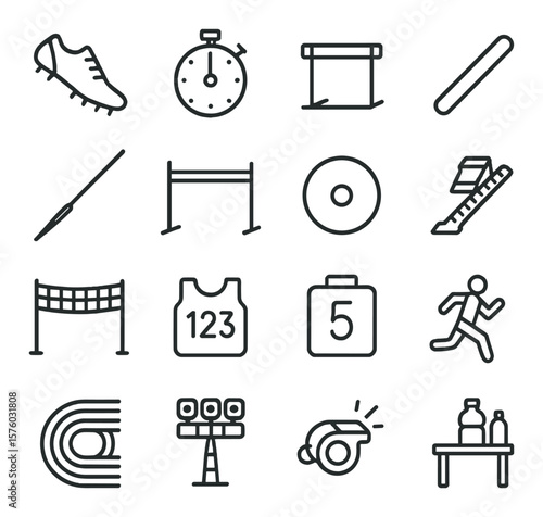 Track & Field line art icons. running shoes, stopwatch, hurdle, relay baton, javelin, high jump bar, discus, starting block, finish line, race bib, lap counter, athlete icon, track